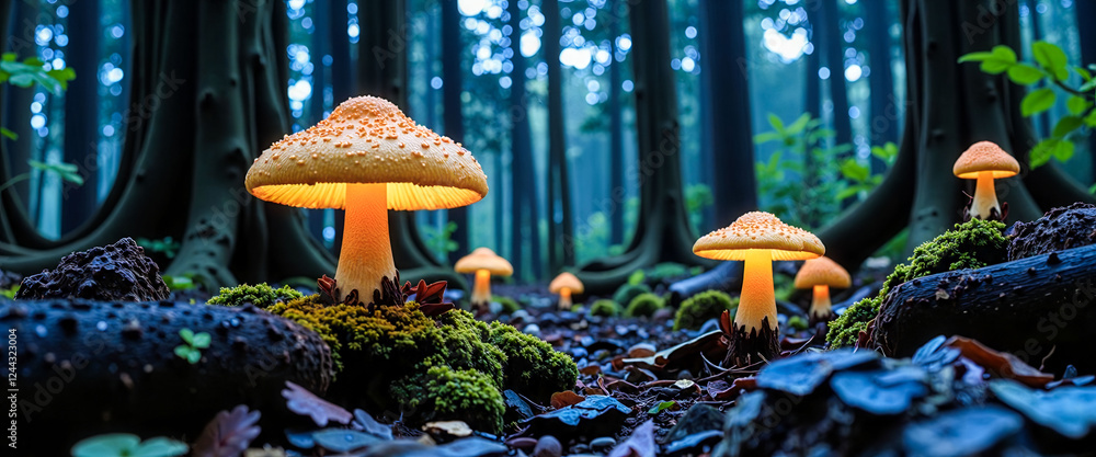Poster a group of mushrooms are lit up in the forest. the mushrooms are all different sizes and are scatter