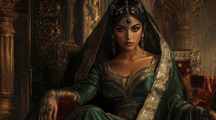 Regal Princess In Emerald Gown Sitting On Ornate Throne