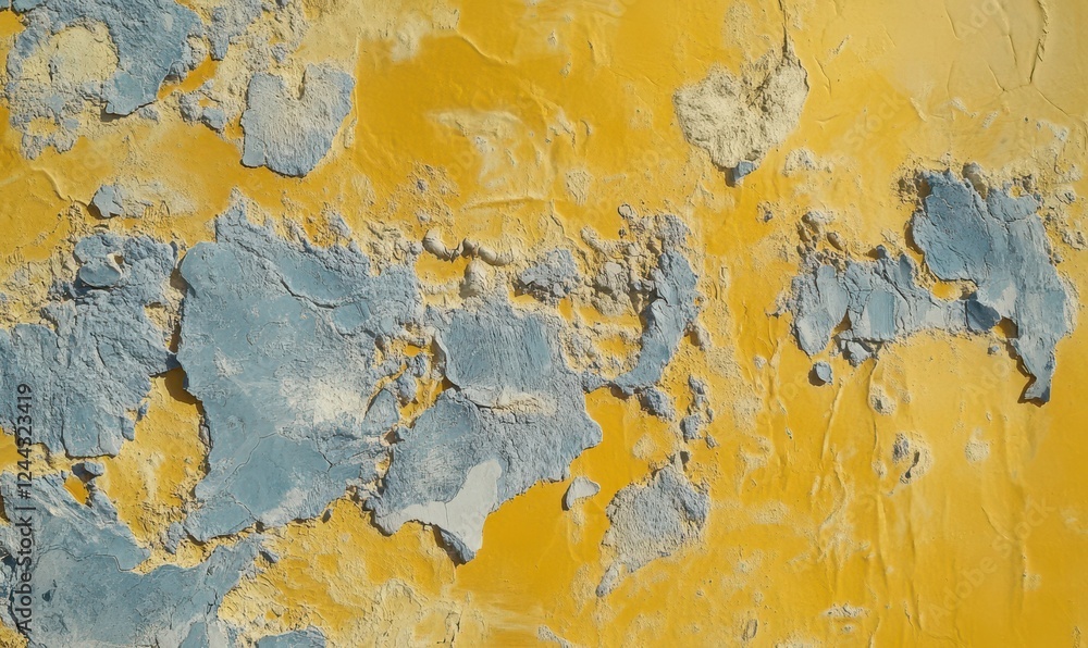 Poster close-up of a textured yellow wall with patches of blue and gray weathering, creating an abstract an