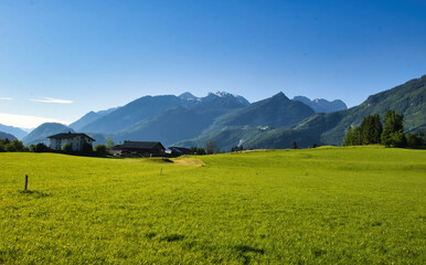 Mountains behind green field in Golling an der Salzach, Austria on a sunny spring morning. © Kari