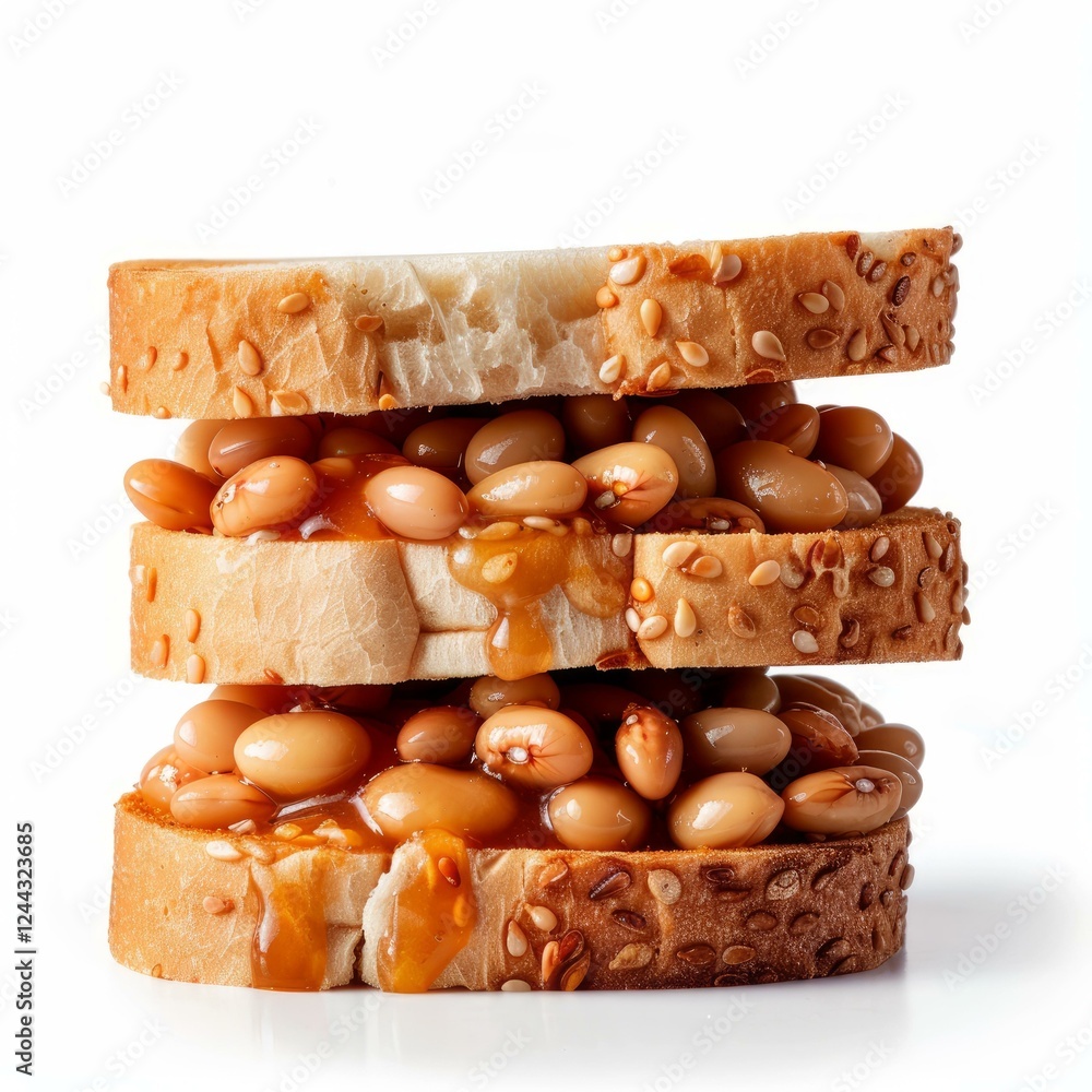 Poster toasted slices of sesame bread forming a stack with baked beans and dripping sauce, creating a simpl