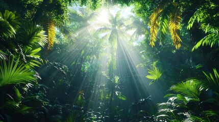 Lush jungle with sunlight filtering through dense foliage.