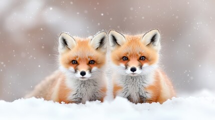 Obraz premium Two red fox kits in snowy winter forest