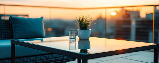 Obraz premium Elegant glass-top outdoor bistro coffee table, city rooftop cafe, sunset lighting
