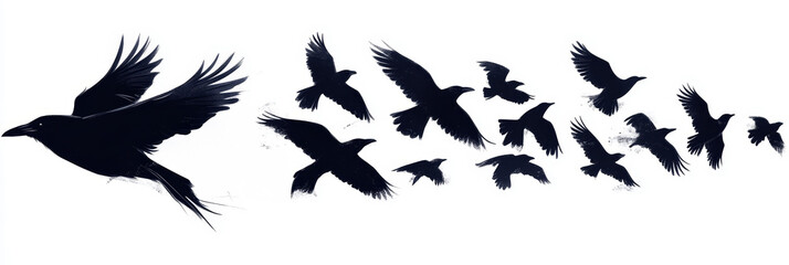 Flock of Crows in Flight - Silhouette of a large flock of crows flying in formation against a white background.  A powerful image of birds in motion.