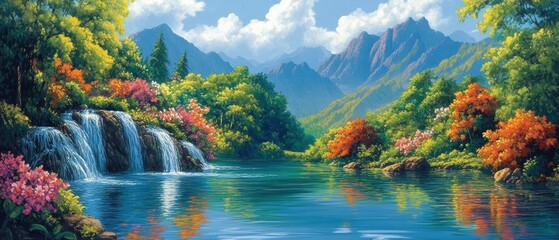 Beautiful landscape painting of a waterfall