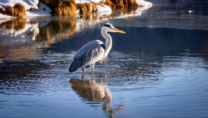Fototapeta premium Majestic Grey Heron Seeking Prey in a Serene Mountain Lake under the Radiant Winter Sun, Capturing the Peaceful Beauty of a SnowCapped Alpine Landscape