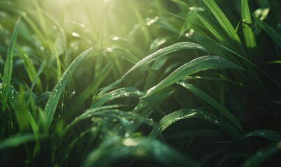 Close-up of lush green grass blades sparkling with morning dew under soft sunlight, evoking freshness and vitality