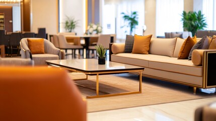 Modern hotel lobby featuring stylish seating, elegant decor, and vibrant plants in a welcoming atmosphere