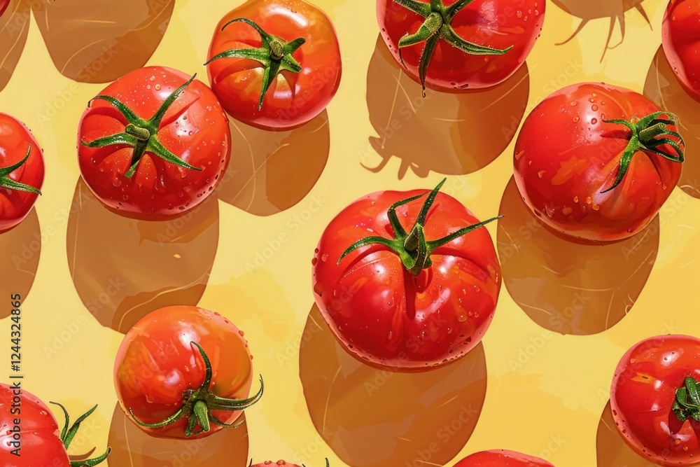 Poster ripe red tomatoes with green stems lie on a yellow surface, creating a visually appealing pattern wi