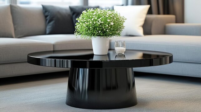 Exclusive VIP lounge cafe, glossy black bistro coffee table, upscale modern design