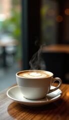 Obraz premium Steaming cappuccino in ceramic cup, wooden cafe table , morning, wood