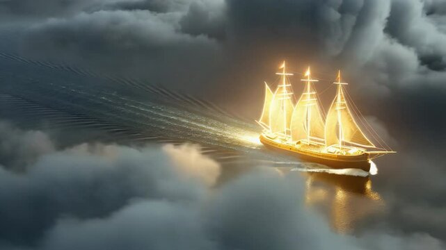 A stunning three-masted ship sails gracefully through shimmering clouds during twilight. The golden sails catch the fading light, creating a magical atmosphere over the ocean