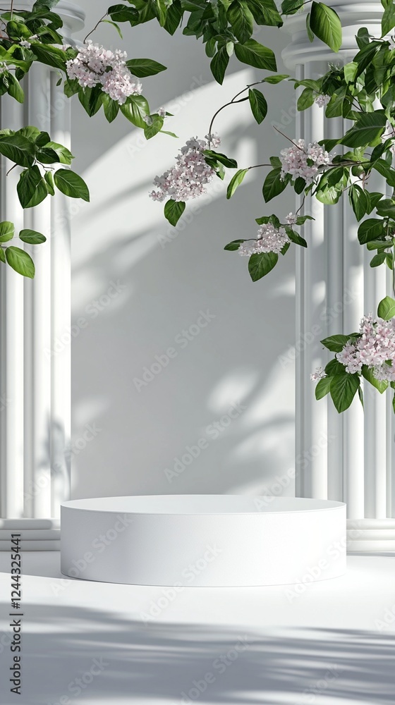 Aufkleber elegant white podium display with delicate lilac branches and soft shadows on classic architectural 