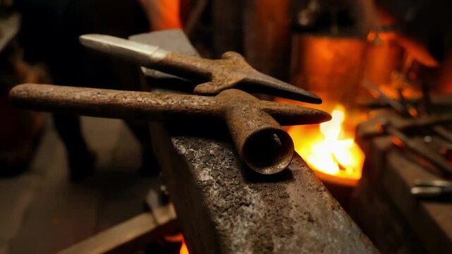 Rusty blacksmith tools lie on a metal anvil with a burning forge in the background, creating a warm and atmospheric scene in a blacksmith's workshop