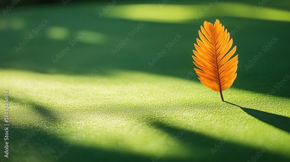 Poster single orange autumn leaf standing upright on green textured surface in soft sunlight, casting gentl