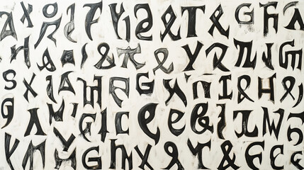 Seamless pattern of randomly scattered gothic letters with medieval calligraphy elements on white background, for background or textile design