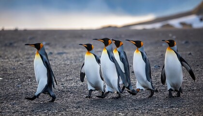 Obraz premium Striking Gathering of King Penguins on Salisbury Plains Beach, South Georgia, Antarctica at Dusk Majestic Black and White Birds Silhouetted against Vibrant Sunset Sky