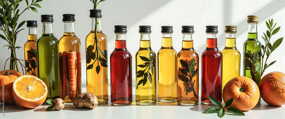 Aufkleber a row of six bottles of different colored oils are lined up on a table. the bottles are filled with 