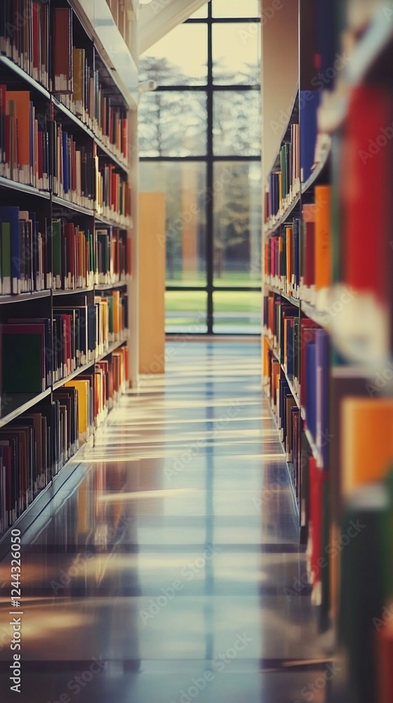 Poster quiet library aisle between tall bookshelves filled with books, natural light streaming through wind