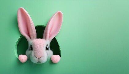 Playful bunny ears emerging from a hole on a pastel green background, perfect for Easter. Ai Generative