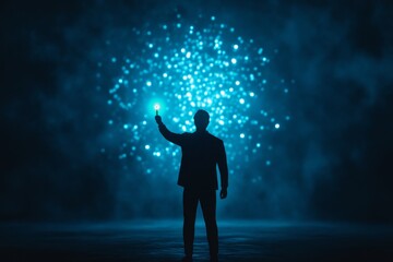 Futuristic Cybersecurity Concept: Guardian of the Network - A lone figure ignites digital sparks, symbolizing protection, innovation, security, progress, and future tech in cybersecurity.