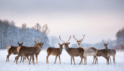 Striking Gathering of Red Deer Amidst Winter Snowscapes A ChristmasInspired Backdrop with a Frosty Winterland Ambiance, Ideal for Digital Art, Home Decor, or Design Inspiration.