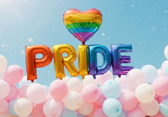 Colorful 'PRIDE' balloons with a heart shape against a blue sky, surrounded by pastel balloons, celebrating inclusivity.