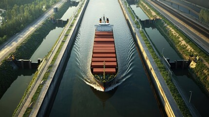 A large ship is traveling through a canal