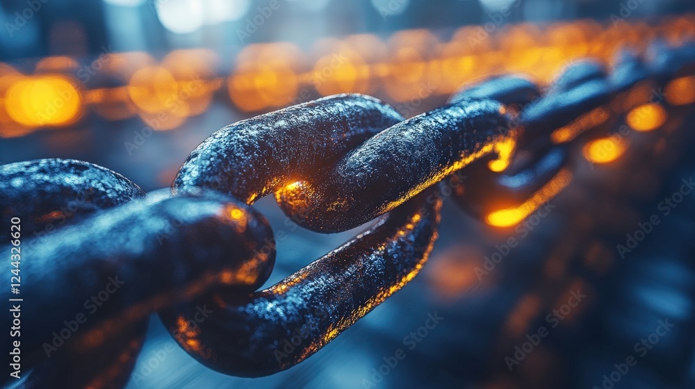 Poster close-up of a rusty metal chain illuminated by warm bokeh lights in the background
