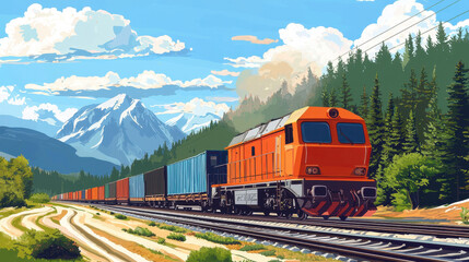 Obraz premium A train is traveling down a track with mountains in the background