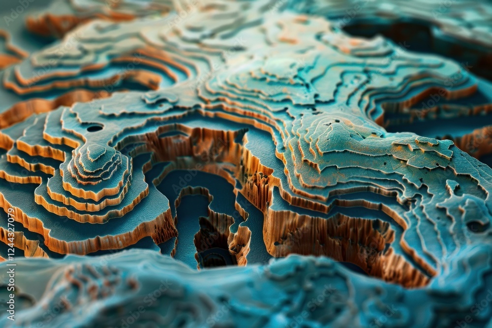 Fototapete intricate topographic map rendering with contour lines, representing elevation and depth in vibrant 