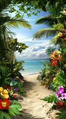 Fototapeta premium Tropical Island Paradise: A Coastal Pathway Through Lush Flora to a Serene Beach