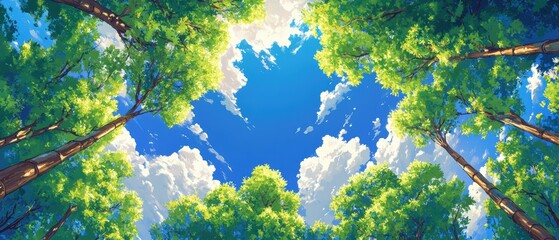 Beautiful blue sky with a few clouds and a forest of trees