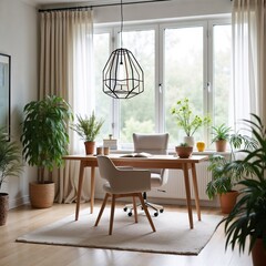 Fototapeta premium A spacious and minimalist modern home office in the Scandinavian style, featuring a sleek, light-wooden desk with a subtle grain pattern, paired with a ergonomic chair in a pale gray color