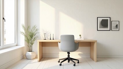A spacious and minimalist modern home office in the Scandinavian style, featuring a sleek, light-wooden desk with a subtle grain pattern, paired with a ergonomic chair in a pale gray color