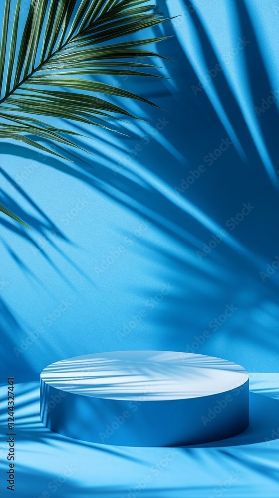 Aufkleber minimalist product display podium in vibrant blue with palm leaf shadow creating dynamic patterns, p