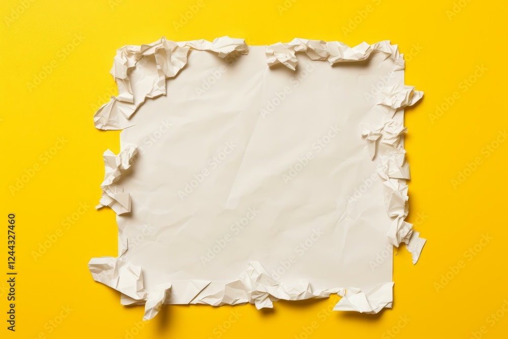 Poster crumpled white paper on a vibrant yellow background forms a frame with copy space, ideal for display