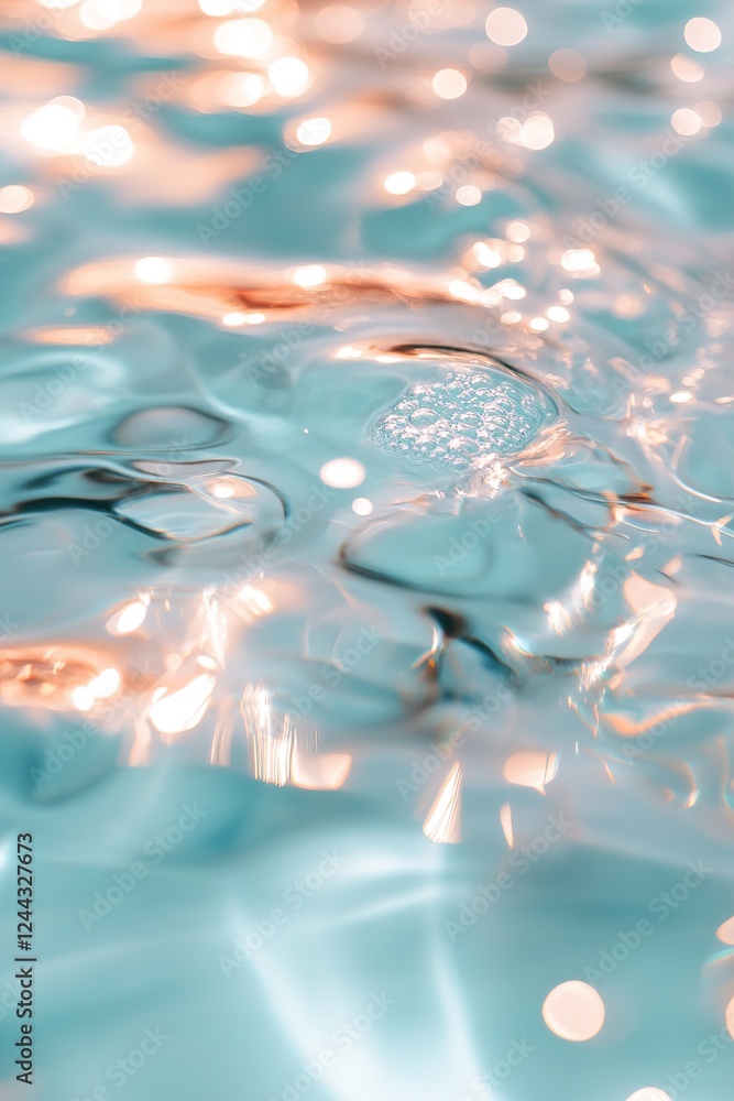 Poster a tranquil turquoise lagoon reflects dancing light patterns on its surface, creating a soft and drea
