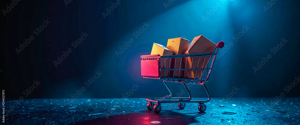 Poster a shopping cart is filled with boxes and is sitting on a dark surface. the cart is empty and the box