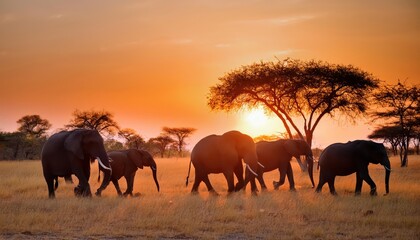 Majestic Herd of Elephants Roaming Across Dry Savannah at Sunset, with a Glowing Sun and Warm Amber Skies, Capturing the African Wilderness in its Authentic Beauty
