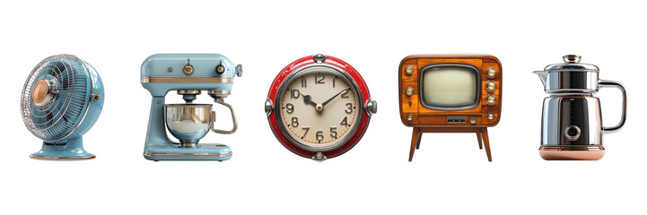 Retro fan, mixer, clock, tv, and coffee maker set isolated on transparent background