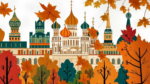 Colorful Vector Illustration of Moscow Cathedral Landmark with Kremlin Tower and Saint Basil Dome