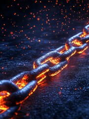Glowing Metal Chain Close Up - A close-up view of a heavy metal chain, glowing with intense heat. Symbolizing strength, connection, power, resilience, and endurance.