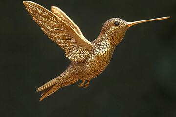 Remarkable golden sculpture of a hummingbird in flight