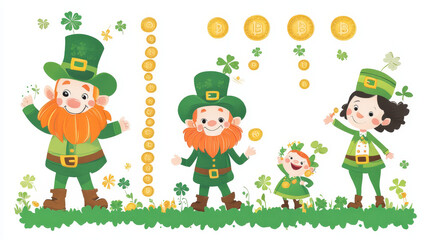 Kids height chart with cartoon leprechauns and gold, vector growth measure. Kids height measuring meter baby tall scale with Irish Patrick day leprechauns, gold coins, Ireland flags and candies