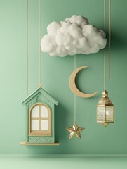Festive Ramadan Decor Hanging Cloud Moon Star Lantern House Scene
