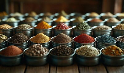 Close-up of vibrant spices arranged in neat piles on a rustic wooden market stall, bursting with rich textures and colors.
