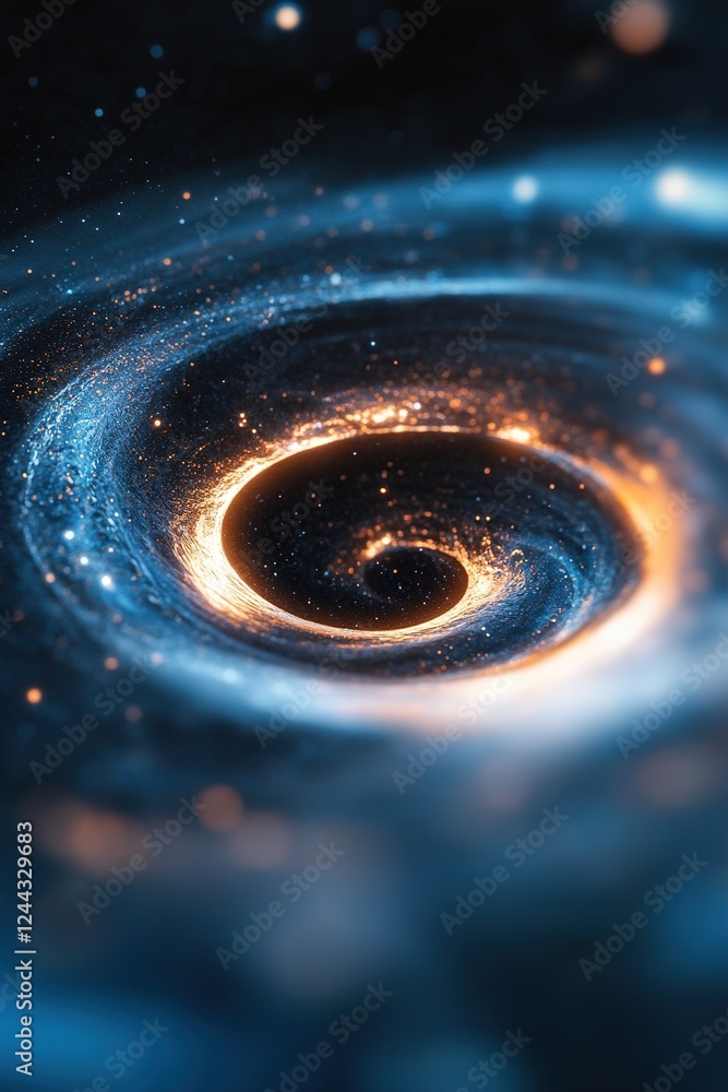 Poster a glowing wormhole twists in cosmic hues of deep blue and fiery orange, creating a mesmerizing visua