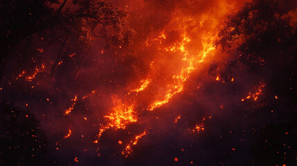 Fototapeta premium Dramatic fiery volcanic eruption with molten lava flowing down rugged terrain under a dark stormy sky, highlighting the raw power of nature